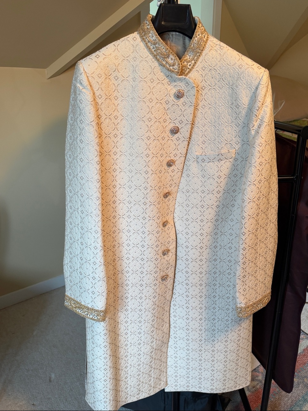 [BRAND NEW] Men's Embroidered Ivory Sherwani Jacket with Gold Trim
